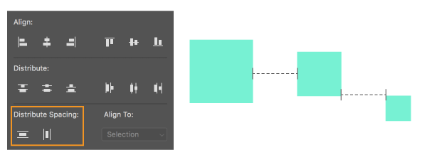 (Left) Distribute Spacing options in Photoshop. (Right) Spacing distributed horizontally between objects.