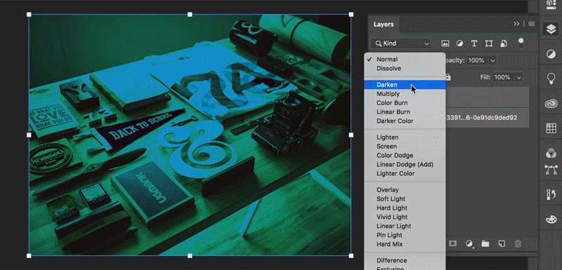 Scrolling over blend mode options in the Layers panel.