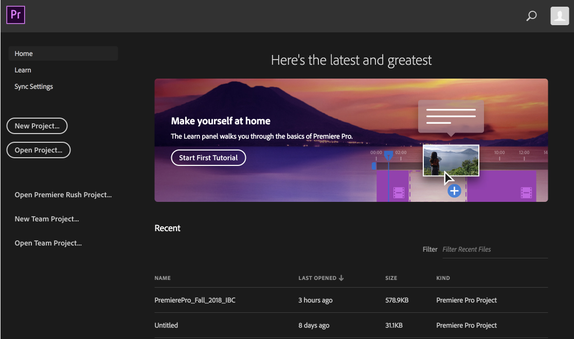 The Premiere Pro home screen when you first launch it